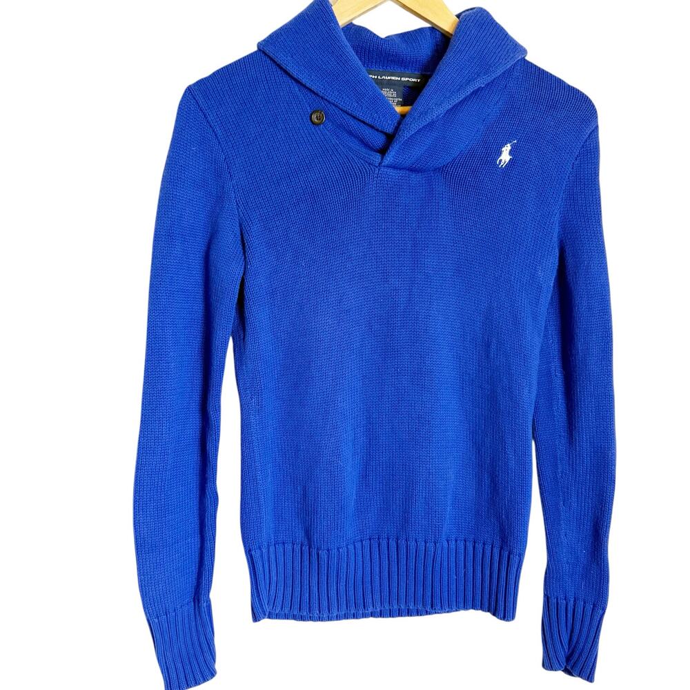 Ralph Lauren Sport Blue Cotton Knit Shawl Collar Long Sleeve Preppy Sweater S